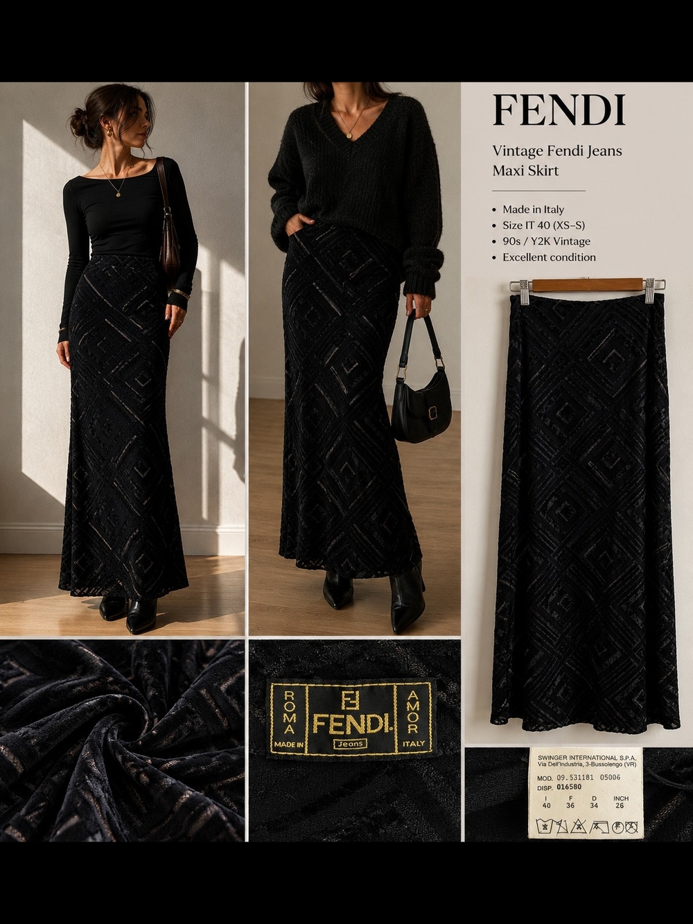 Vintage Fendi Jeans Velvet Burnout Midi Skirt – 90s / Y2K Archive Piece